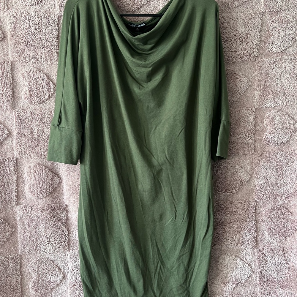 Fashion Nova Asymmetrical Dress in Olive Green